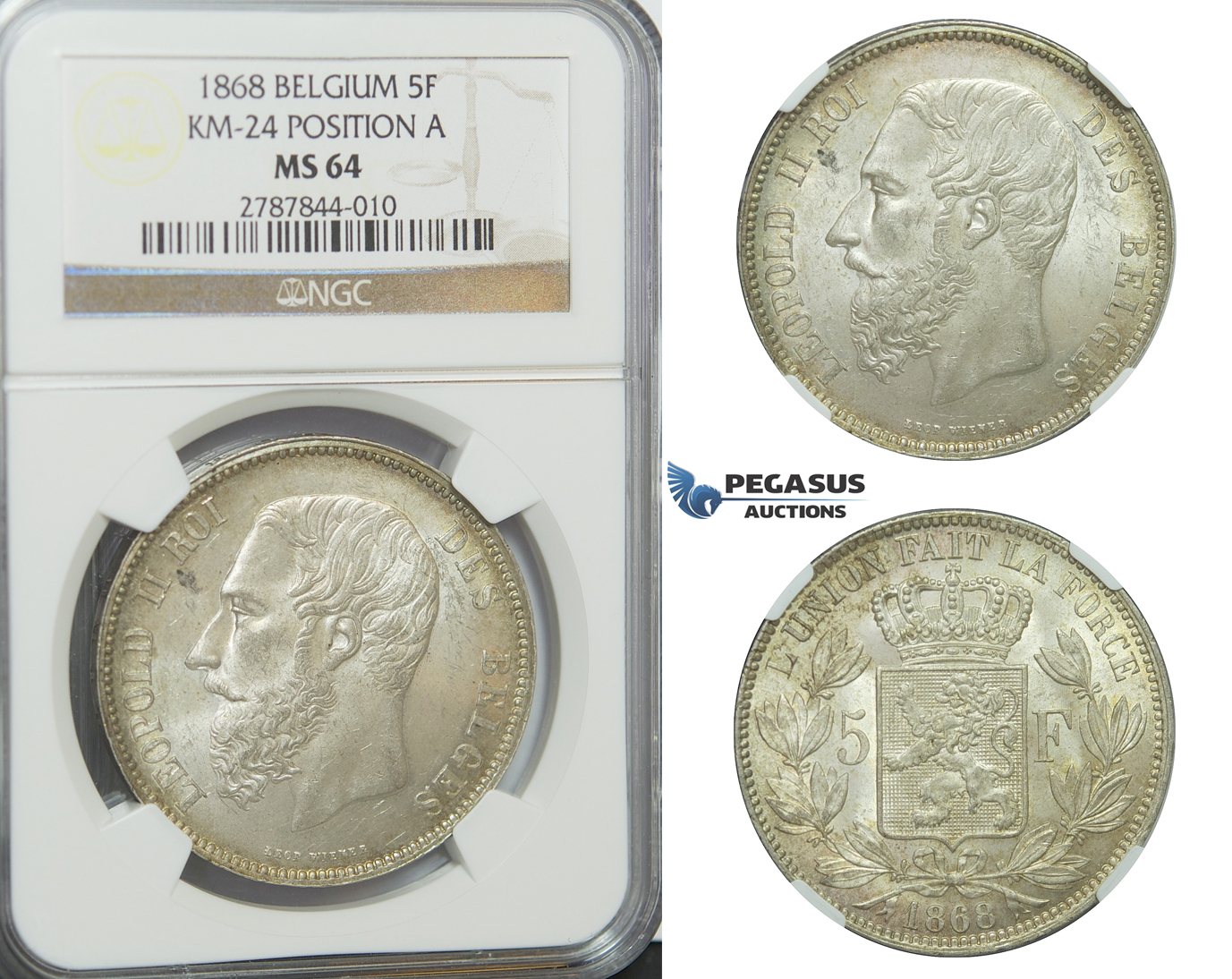 D17, Belgium, Leopold II, 5 Francs 1868 (Pos. A) Silver, NGC MS64