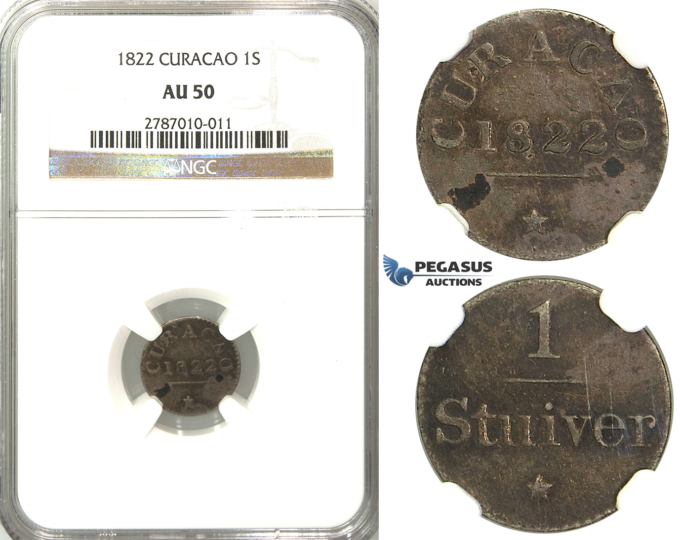 D18, Curacao, 1 Stuiver 1822, Silver, NGC AU50