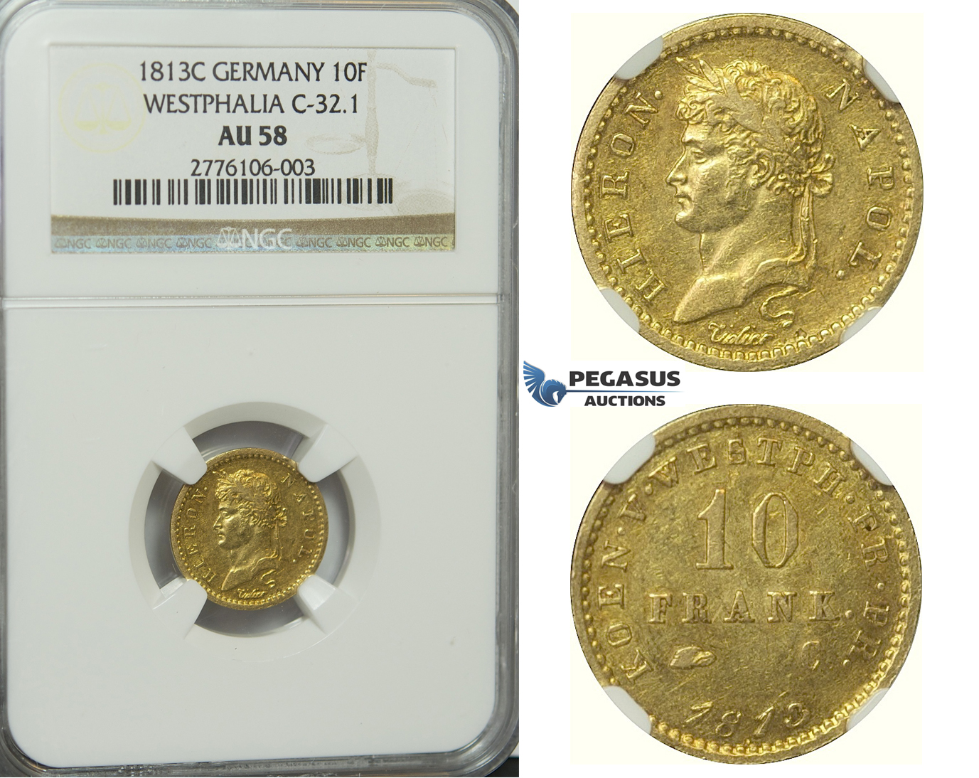 D24, Germany, Westphalia, Hieronymus Napoleon, 10 Francs 1813-C, Gold, NGC AU58