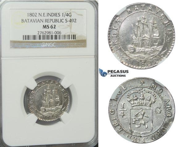 D25, N.E. Indies, Batavian Republic, 1/4 Gulden 1802, Silver, NGC MS62