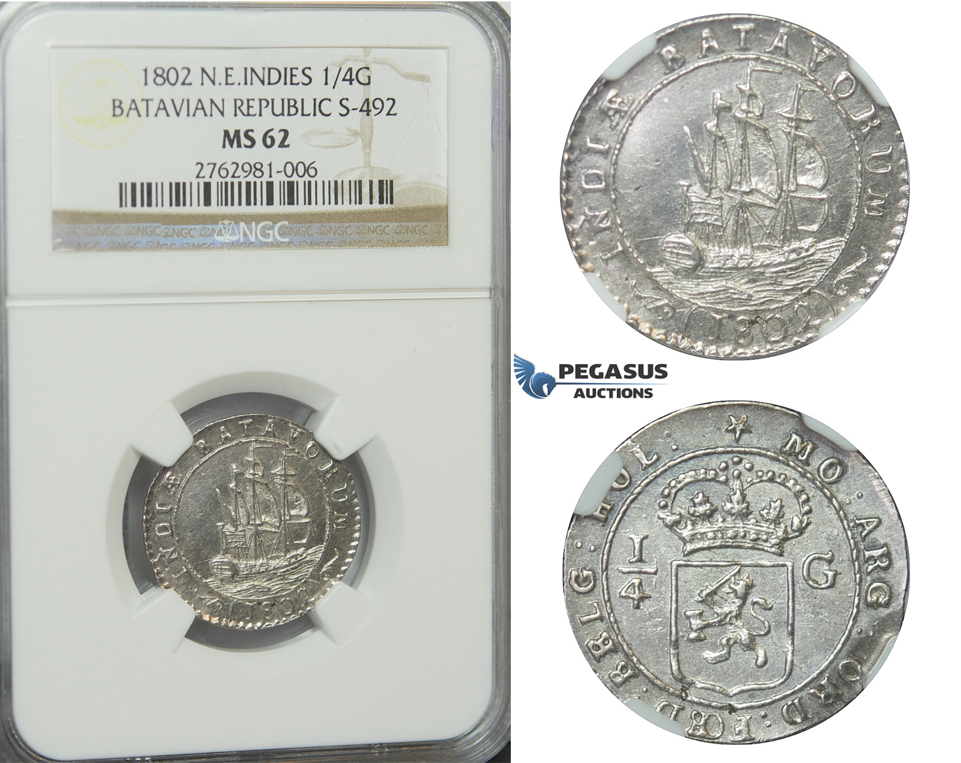 D25, N.E. Indies, Batavian Republic, 1/4 Gulden 1802, Silver, NGC MS62