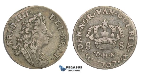 D35, Norway, Frederik IV, 8 Skilling 1707-DMA, Silver (2.38g) NM 28, Nice!
