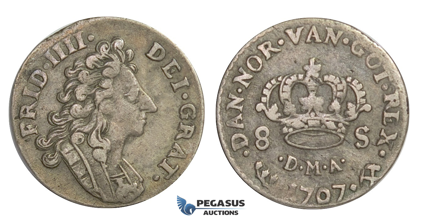 D35, Norway, Frederik IV, 8 Skilling 1707-DMA, Silver (2.38g) NM 28, Nice!
