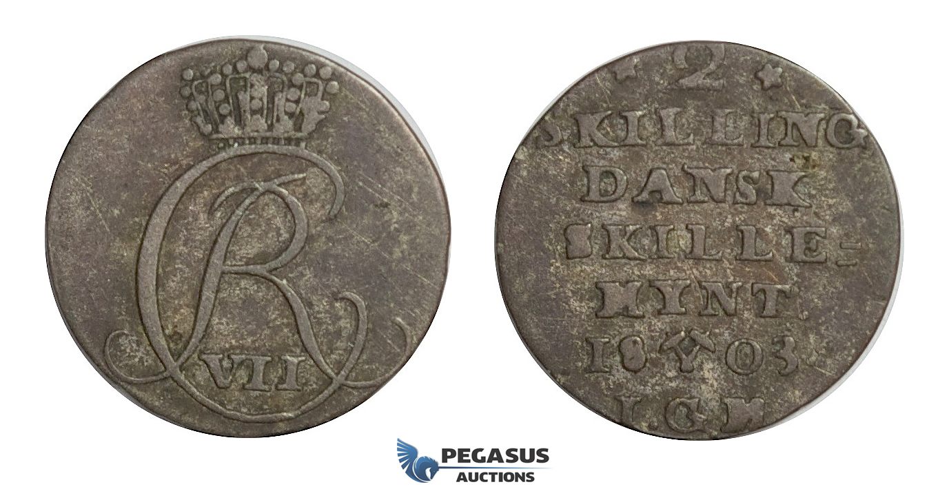 D39, Norway, Christian VII, 2 Skilling 1803-IGM, Silver (1.46g) NM 89, Dark toning!