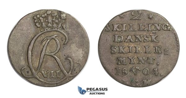 D40, Norway, Christian VII, 2 Skilling 1804-IGM, Silver (1.56g) NM 90, Dark toning!