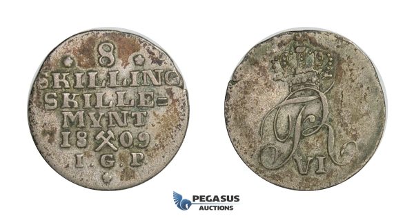 D41, Norway, Frederik VI, 8 Skilling 1809-IGP, Silver (2.25g) NM 1