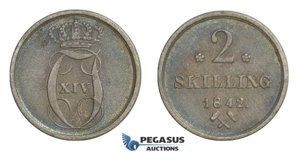D42, Norway, Carl XIV, 2 Skilling 1842, Silver, NM 47, Toned high Grade!