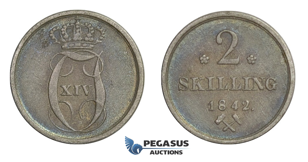 D42, Norway, Carl XIV, 2 Skilling 1842, Silver, NM 47, Toned high Grade!