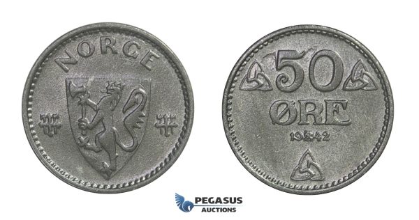 D45, Norway, Occupation coinage, 50 Øre 1942, Top Grade, NM 270
