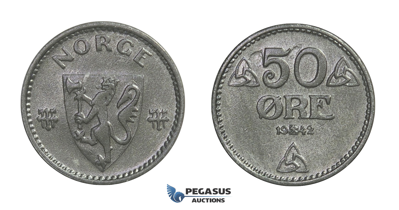 D45, Norway, Occupation coinage, 50 Øre 1942, Top Grade, NM 270