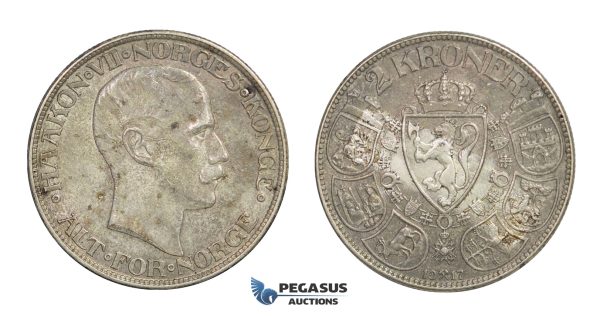 D46, Norway, Haakon VII, 2 Kroner 1917, Silver, NM 14, Very Nice!