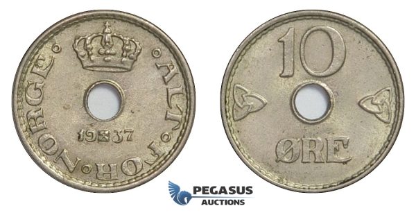 D47, Norway, Haakon VII, 10 Øre 1937, Top Grade!