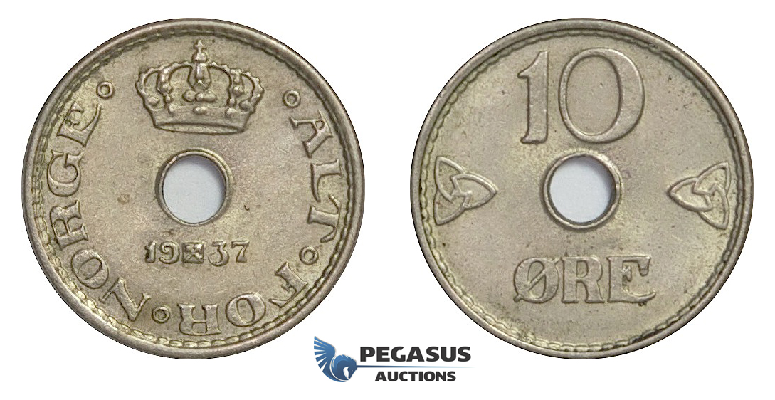 D47, Norway, Haakon VII, 10 Øre 1937, Top Grade!