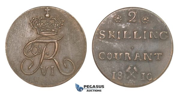 D48, Norway, Frederik VI, 2 Skilling 1810, Copper, NM 5, High Grade