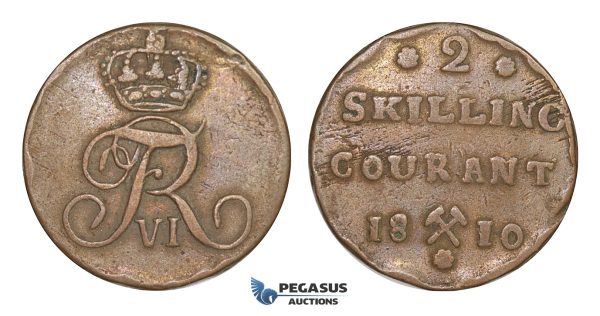 D49, Norway, Frederik VI, 2 Skilling 1810, Copper, NM 5