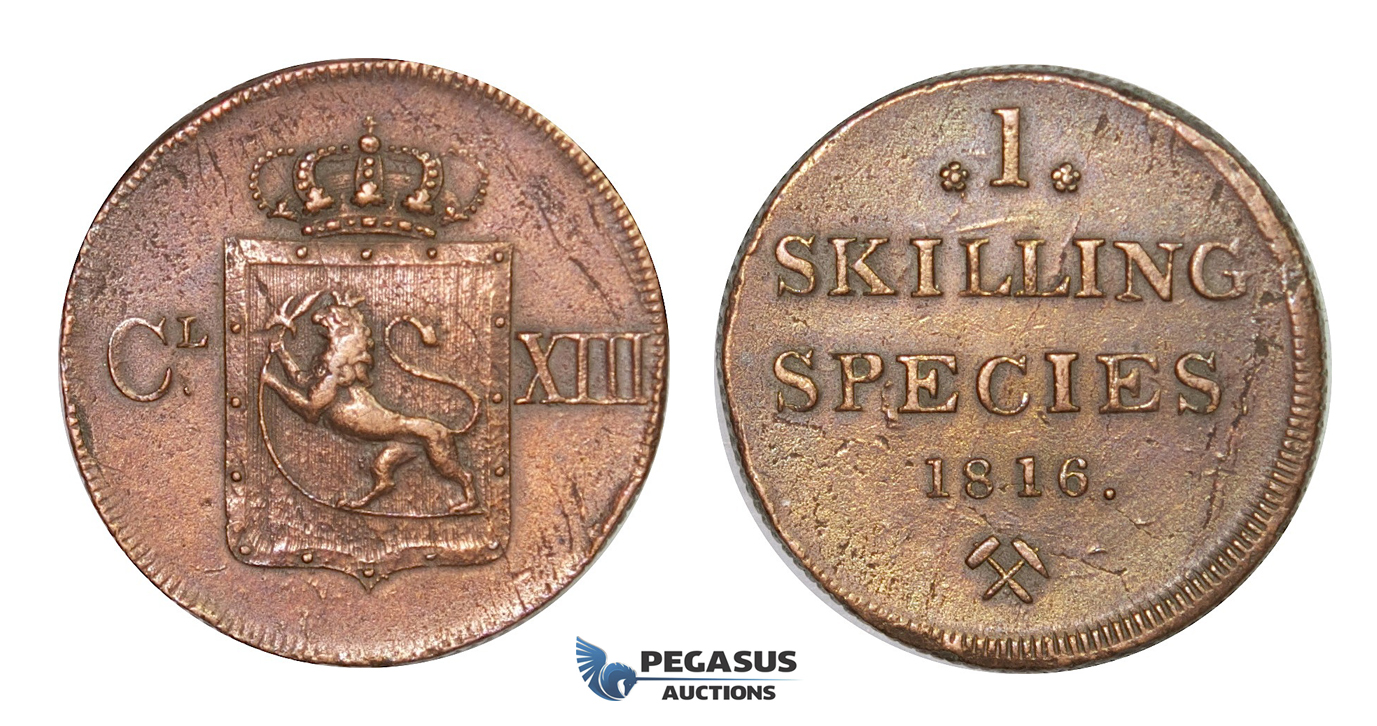 D51, Norway, Carl XIII, 1 Skilling 1816, Copper, NM 2