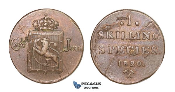 D52, Norway, Carl XIV Johan, 1 Skilling 1820, Copper, NM 59
