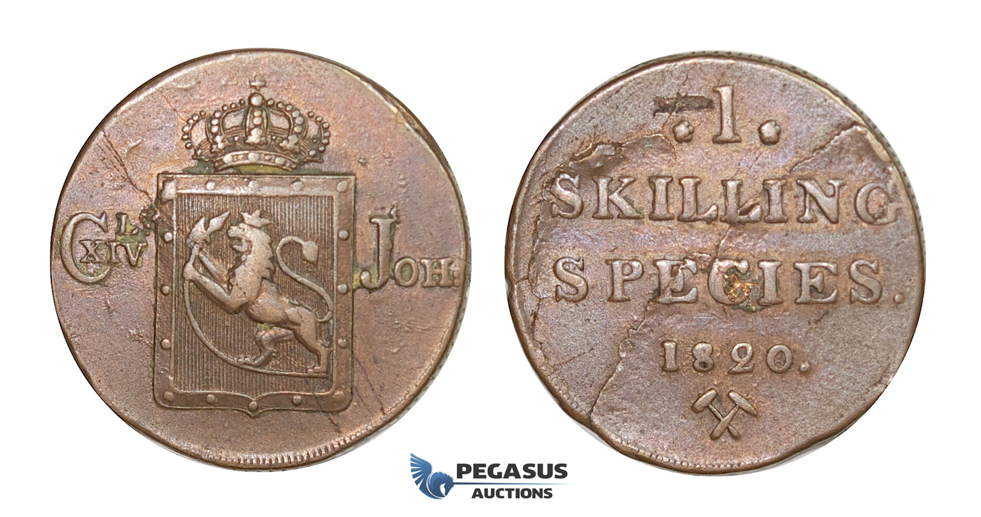 D52, Norway, Carl XIV Johan, 1 Skilling 1820, Copper, NM 59
