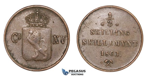 D54, Norway, Carl XV, 1/2 Skilling 1863, Copper, NM 23