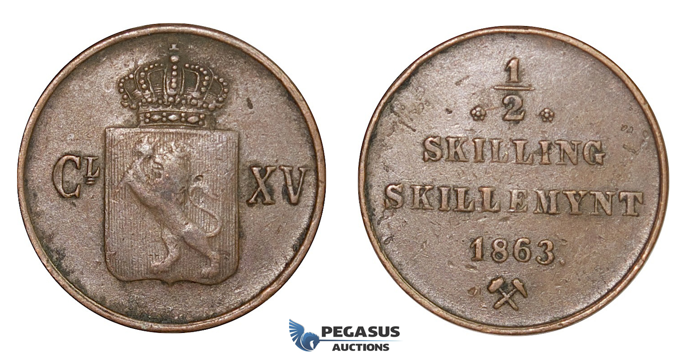D54, Norway, Carl XV, 1/2 Skilling 1863, Copper, NM 23