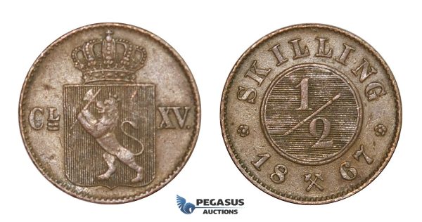 D55, Norway, Carl XV, 1/2 Skilling 1867, Copper, NM 24, Nice!