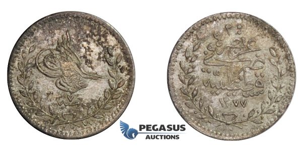 D68, Turkey, Ottoman Empire, Abdülaziz, 20 Para AH1277/7, Silver, Toned TOP Grade!