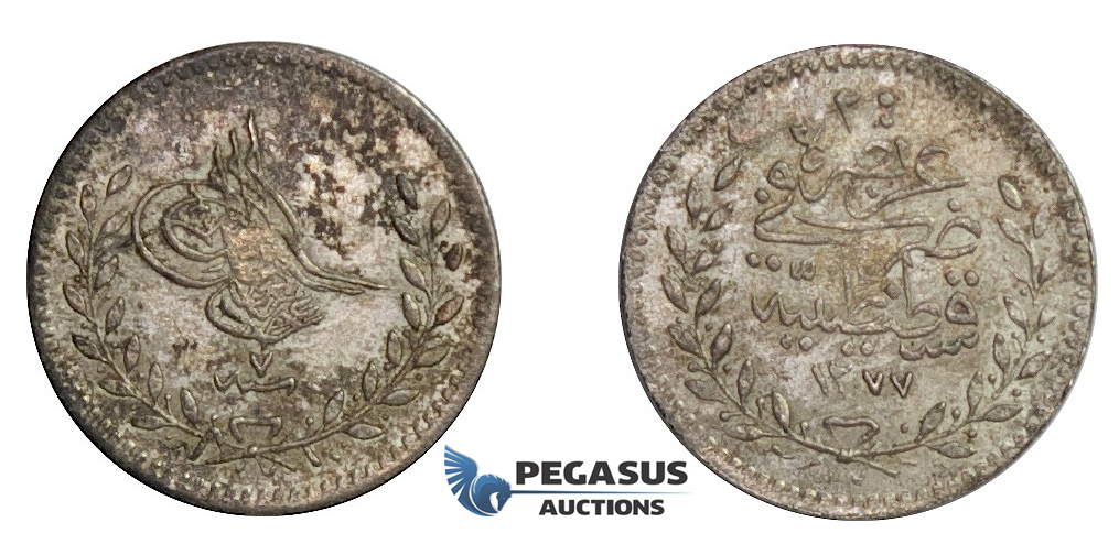 D68, Turkey, Ottoman Empire, Abdülaziz, 20 Para AH1277/7, Silver, Toned TOP Grade!