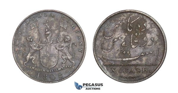 D96, British India, Madras Presidency, 10 Cash 1808, High Grade