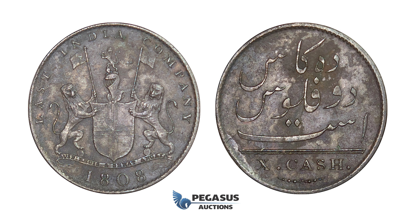 D96, British India, Madras Presidency, 10 Cash 1808, High Grade