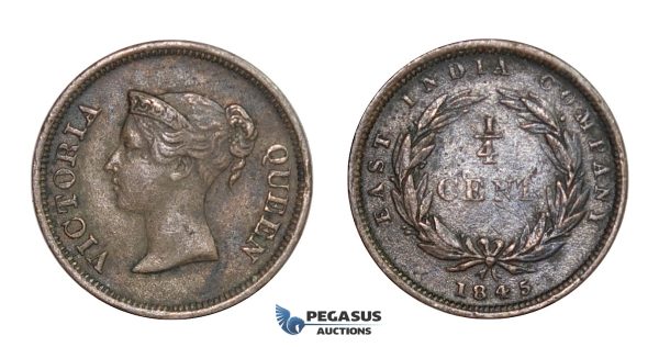 E07, Straits Settlements, Victoria, 1/4 Cent 1845, Nice!