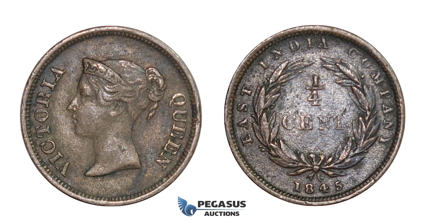 E07, Straits Settlements, Victoria, 1/4 Cent 1845, Nice!