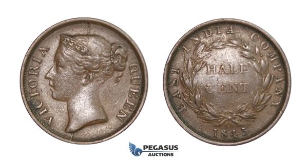 E09, Straits Settlements, Victoria, 1/2 Cent 1845, Very Nice!