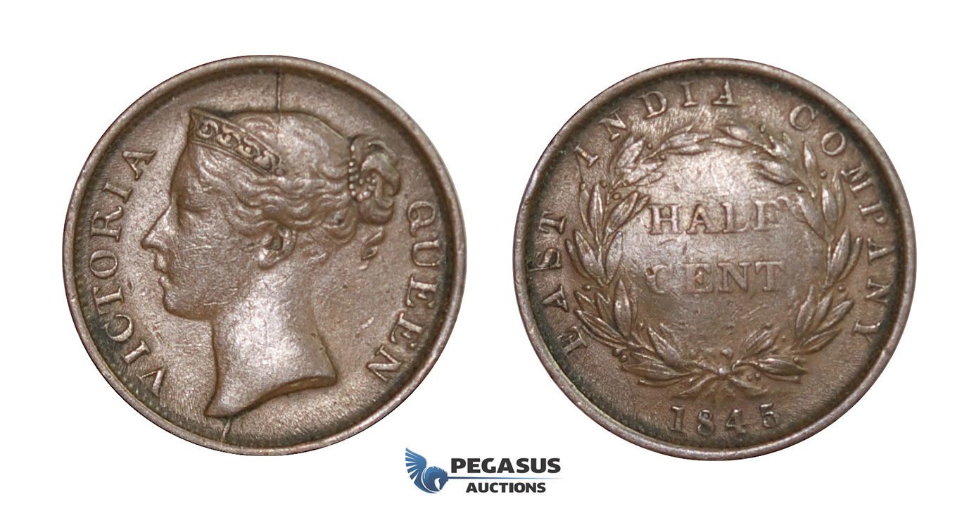 E09, Straits Settlements, Victoria, 1/2 Cent 1845, Very Nice!