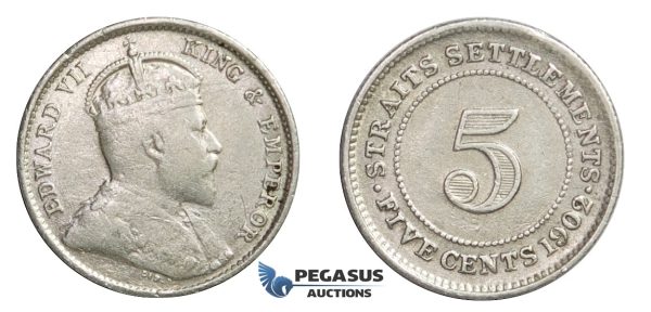 E15, Straits Settlements, Edward VII, 5 Cents 1902, Silver