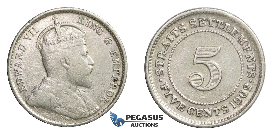 E15, Straits Settlements, Edward VII, 5 Cents 1902, Silver