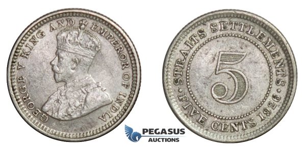 E16, Straits Settlements, George V, 5 Cents 1926, Silver, TOP Grade!