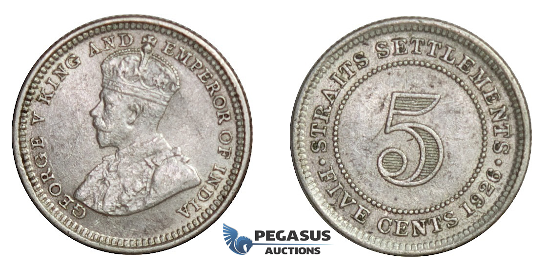 E16, Straits Settlements, George V, 5 Cents 1926, Silver, TOP Grade!