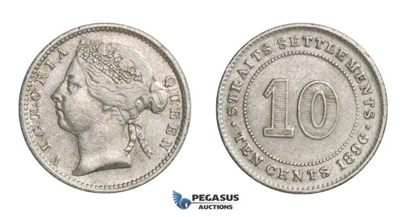 E19, Straits Settlements, Victoria, 10 Cents 1896, Silver, Nice!