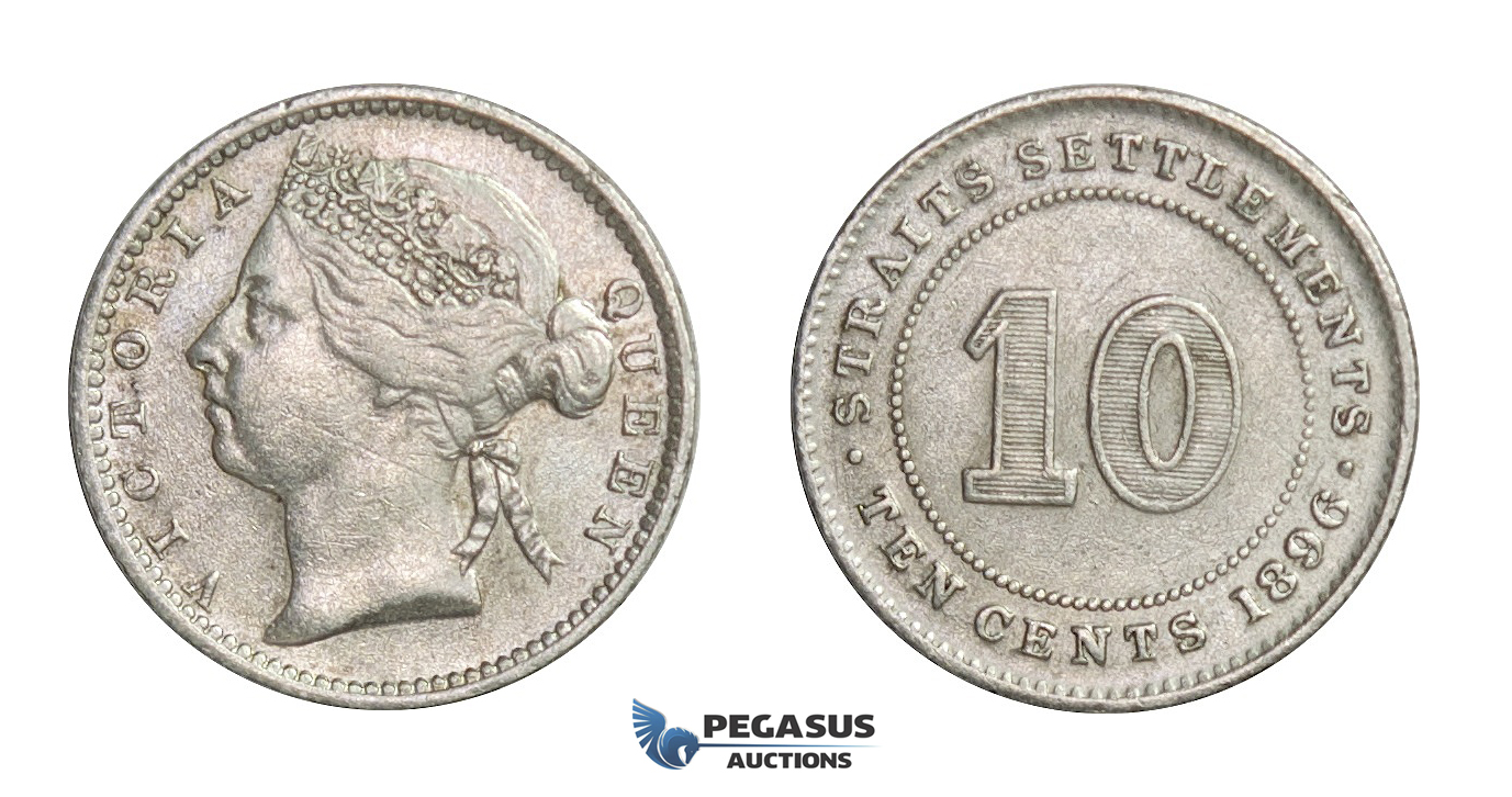 E19, Straits Settlements, Victoria, 10 Cents 1896, Silver, Nice!