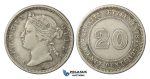 E21, Straits Settlements, Victoria, 20 Cents 1879-H, Silver, Rare!