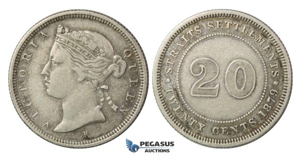 E21, Straits Settlements, Victoria, 20 Cents 1879-H, Silver, Rare!