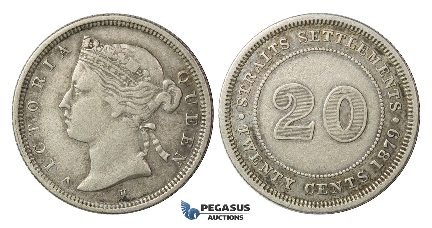E21, Straits Settlements, Victoria, 20 Cents 1879-H, Silver, Rare!