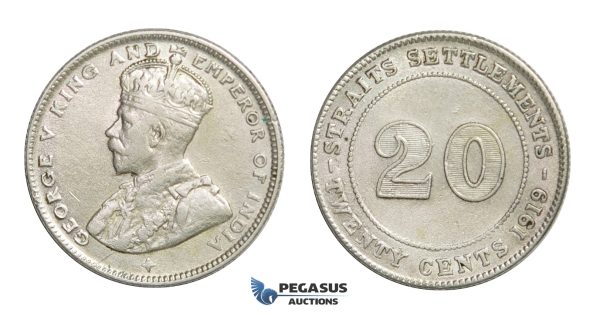 E22, Straits Settlements, George V, 20 Cents 1919, Silver, High Grade!
