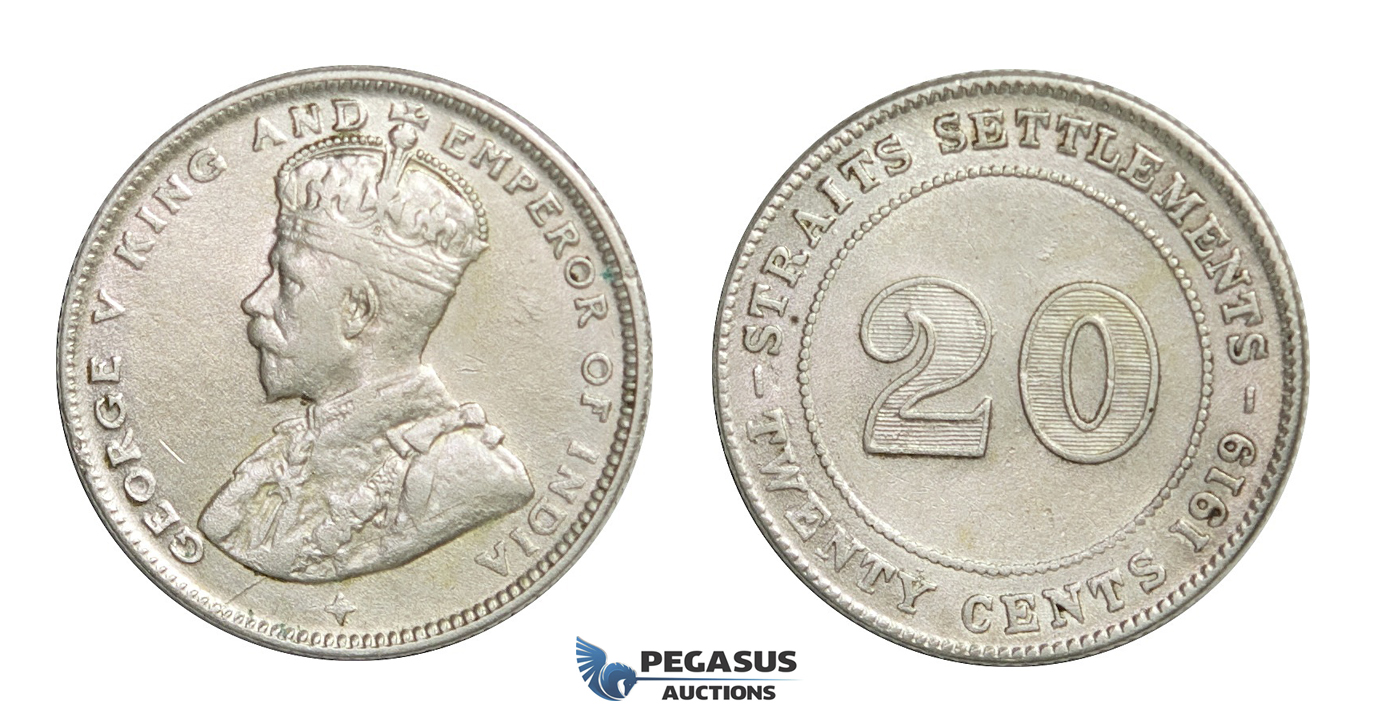E22, Straits Settlements, George V, 20 Cents 1919, Silver, High Grade!