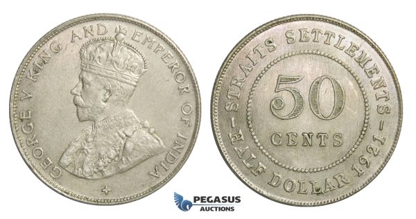 E25, Straits Settlements, George V, 50 Cents 1921, Silver, High Grade!