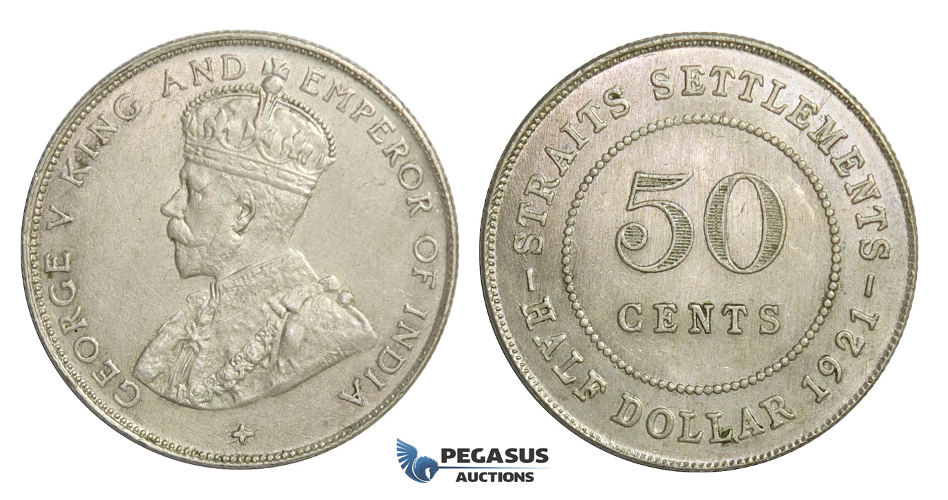 E25, Straits Settlements, George V, 50 Cents 1921, Silver, High Grade!