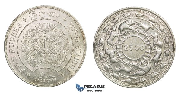 E30, Ceylon, 5 Rupees 1957 (2500 Years Buddhism) Silver, TOP Grade!