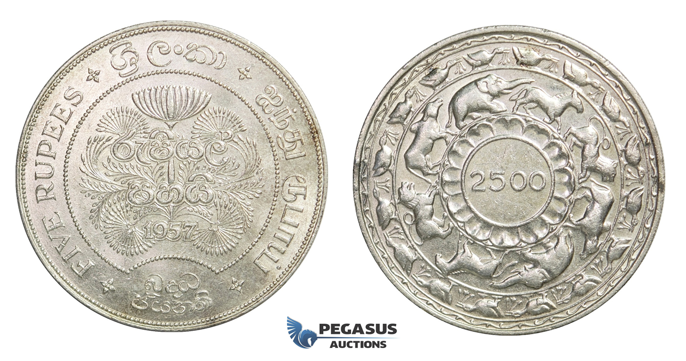E30, Ceylon, 5 Rupees 1957 (2500 Years Buddhism) Silver, TOP Grade!