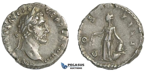 E56, Roman Empire, Antoninus Pius (138-161 AD) AR Denarius (3.27g) Rome, Struck 155 AD, Annona