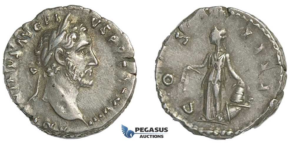 E56, Roman Empire, Antoninus Pius (138-161 AD) AR Denarius (3.27g) Rome, Struck 155 AD, Annona
